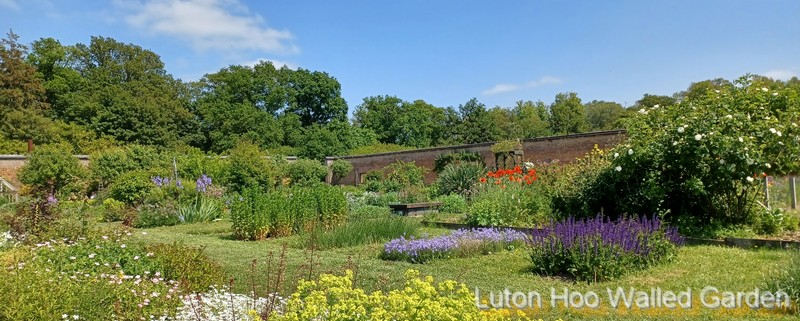 Wide photo of walled garden with flower borders